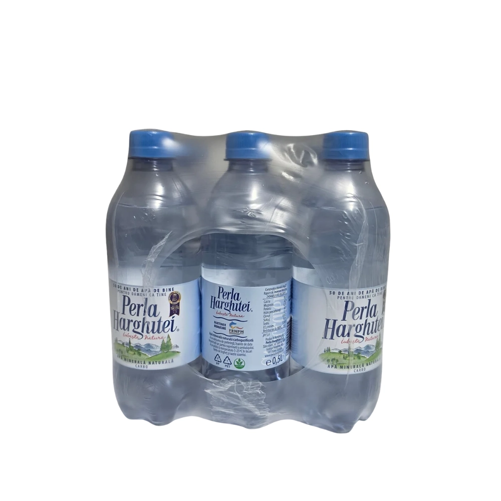 Bax apă minerală carbogazoasă Perla Harghitei 0.5L PET, vedere laterală