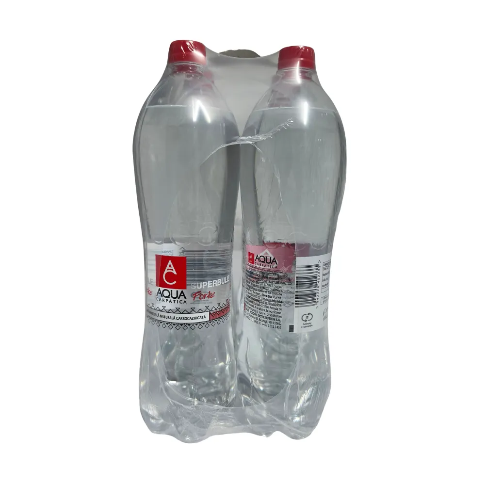 Vedere laterală bax Aqua Carpatica Forte apă minerală carbogazoasă 1.5L PET
