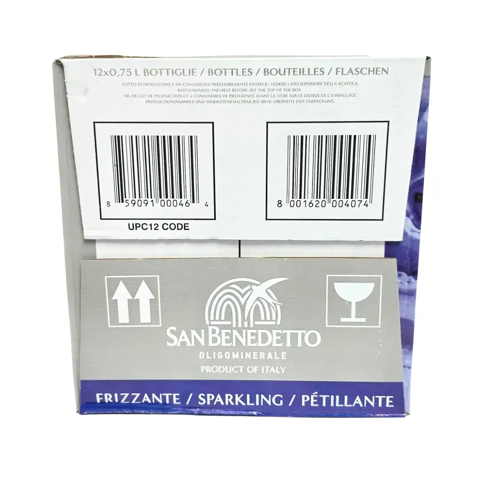 Bax 12 sticle San Benedetto apă minerală carbogazoasă 750ml la sticlă de sticlă, vedere laterală