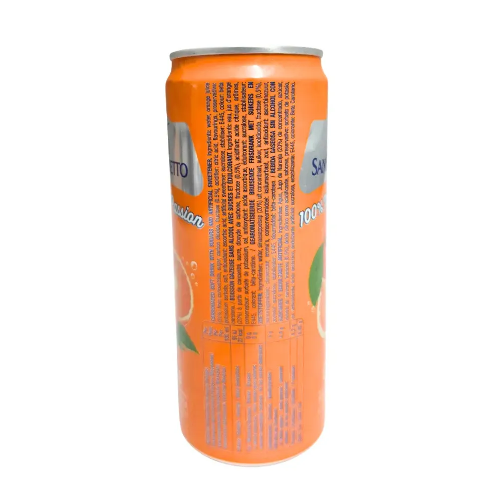 San Benedetto Orange 100% Italian Passion, suc carbogazos de portocale la doză de 330ml, cu eticheta produsului