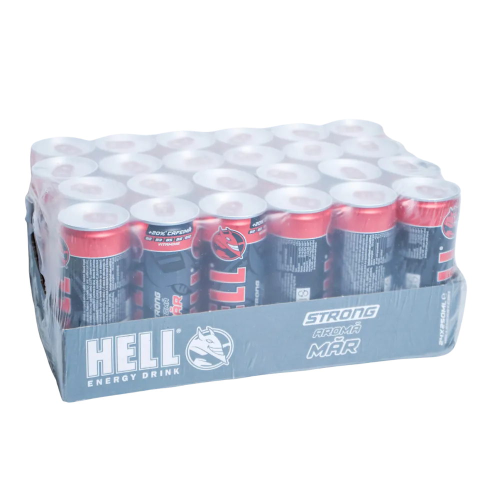 Bax cu 24 doze de băutură energizantă Hell Strong Apple 250 ml cu aromă de măr verde