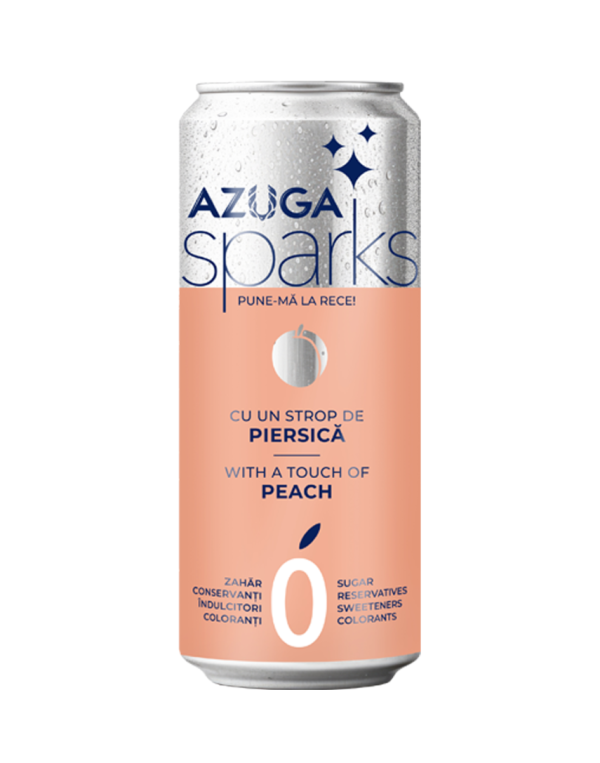 Băutură răcoritoare cu gust de piersică Azuga Sparks, 0 calorii, 330 ml, doză