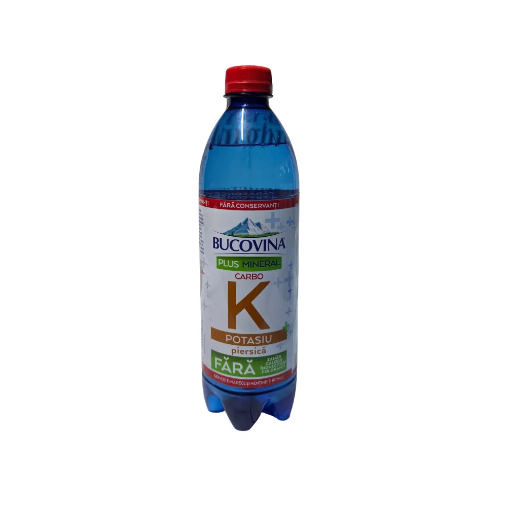 Bucovina Plus Mineral Carbo Potasiu cu aromă de piersică, 0.6L, PET