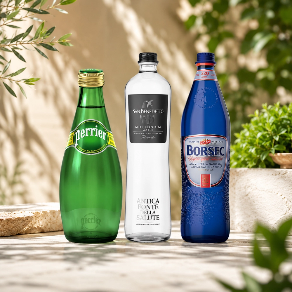 cea mai buna apa carbogazoasa — comparatie Perrier San Benedetto Borsec sticle premium