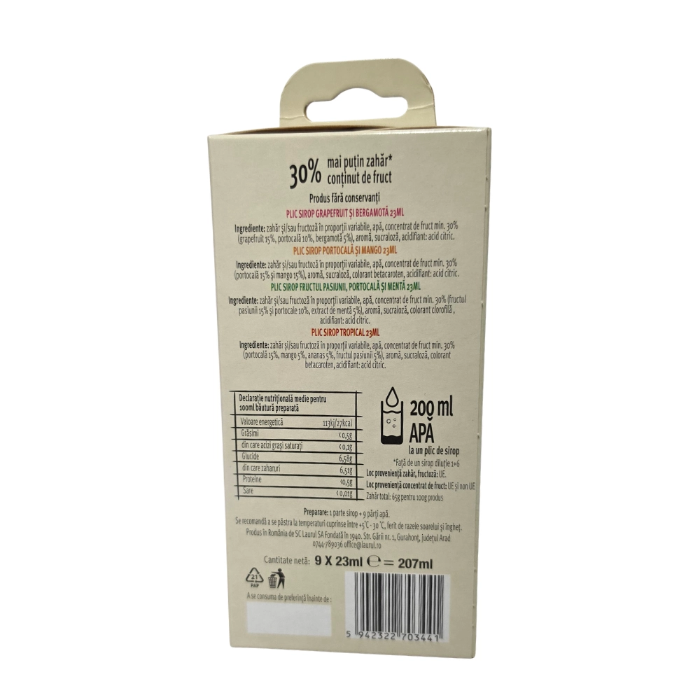 Ambalaj lateral Laurul 1 Pahar sirop instant Tropical 9 plicuri, unghi 1