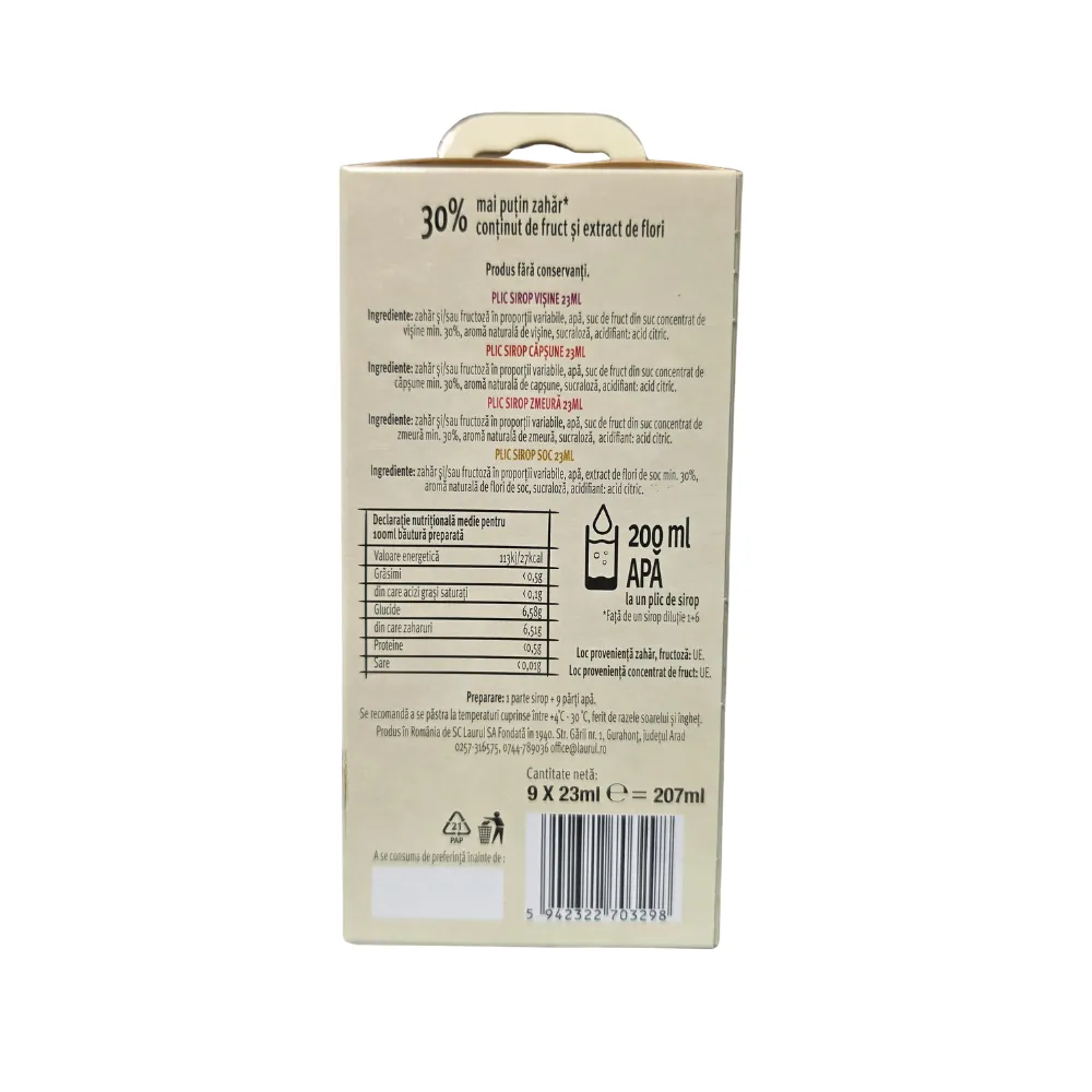 Eticheta Sirop Laurul 1 Pahar Clasic, cu ingrediente și valori nutriționale pentru cele 4 arome