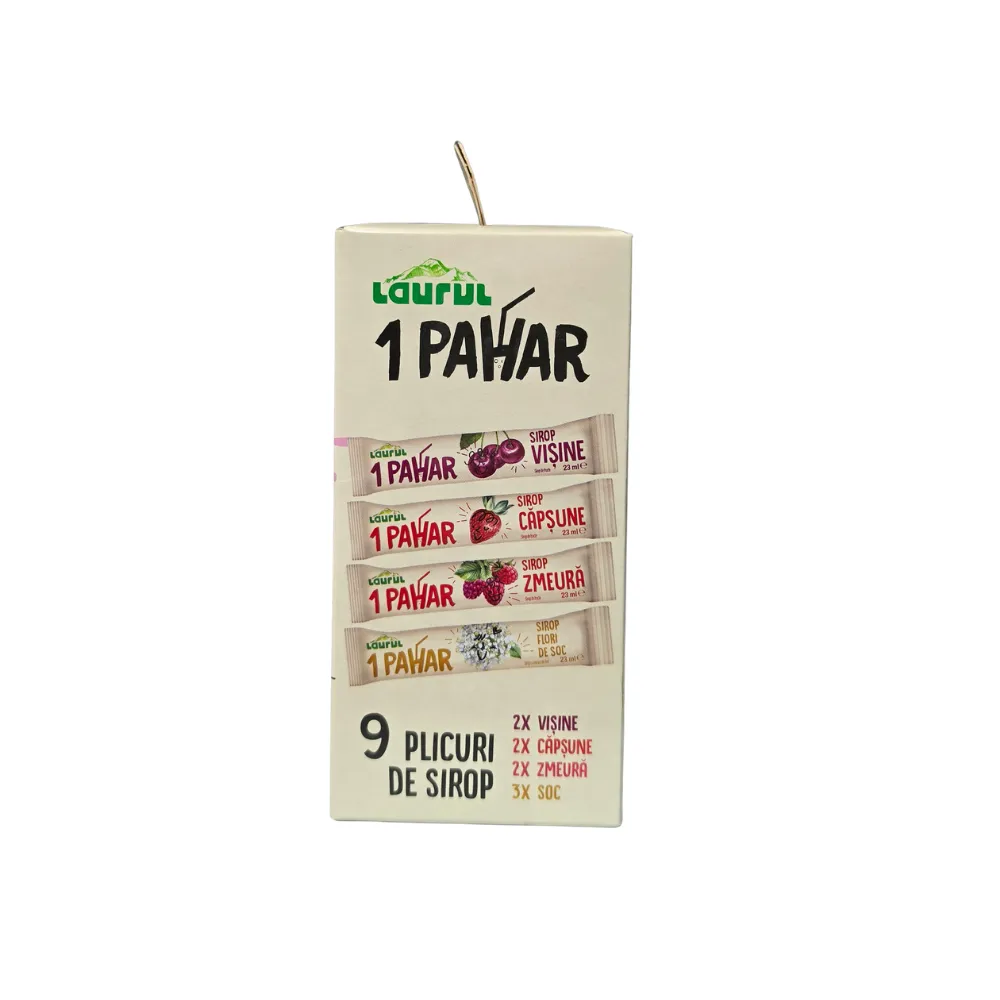 Sirop Laurul 1 Pahar Clasic, vedere laterală cu cele 9 plicuri de sirop concentrat (vișine, căpșuni, zmeură, soc)