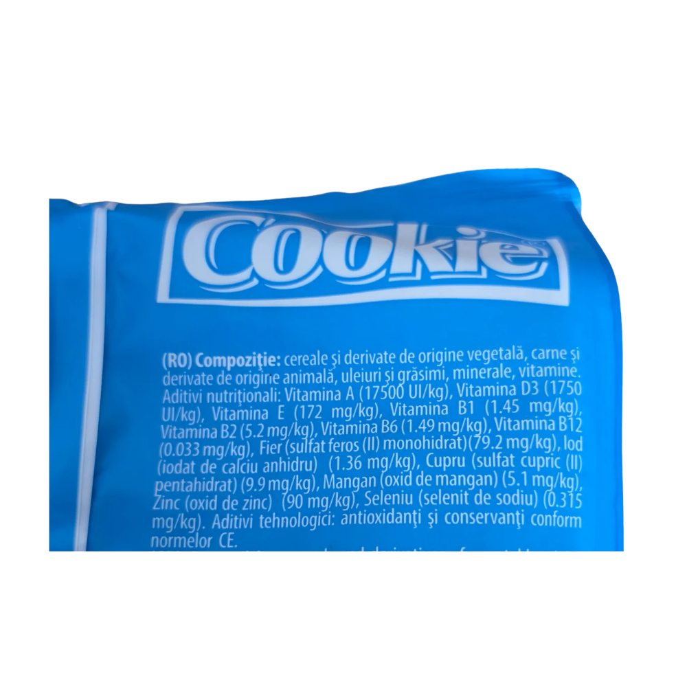 Cookie hrană uscată pentru câini junior 2kg - etichetă compoziție și ingrediente