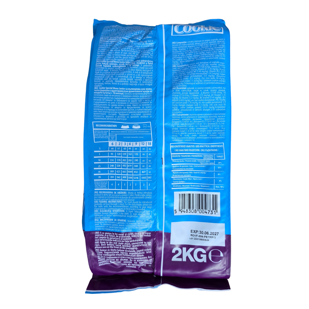 Cookie hrană uscată pentru câini junior 2kg - etichetă compoziție verso