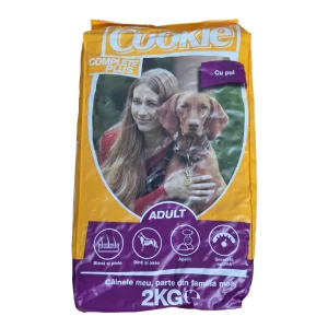 Cookie hrană uscată pentru câini cu pui, pungă 2kg, vedere din față