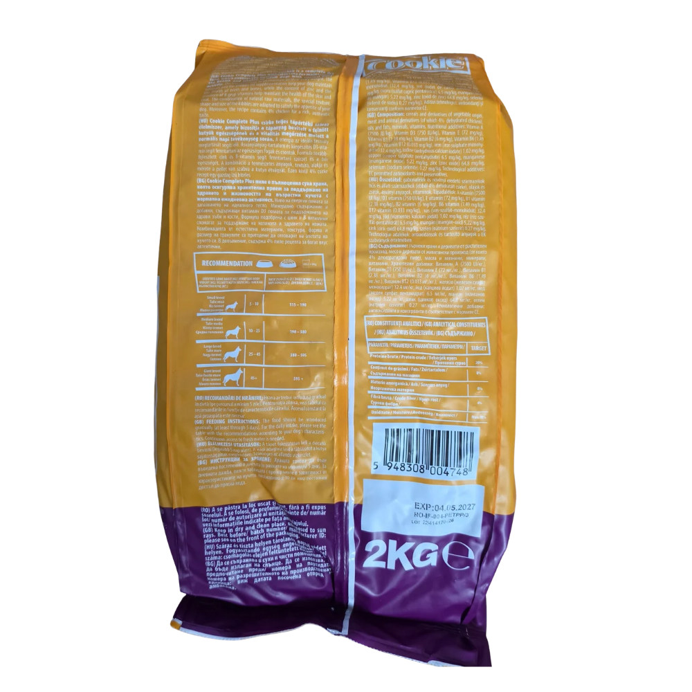 Hrană uscată Cookie pentru câini cu pui, pungă 2kg, vedere din spate