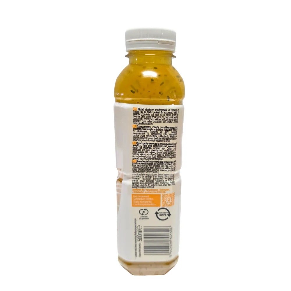 Eticheta băuturii Queen Basil cu fructul pasiunii, sticlă PET 500 ml – ingrediente și valori nutriționale