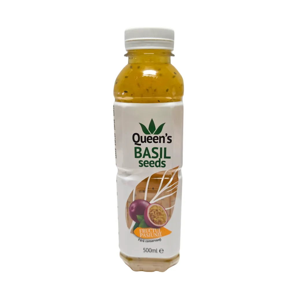 Băutură Queen Basil cu semințe de busuioc și fructul pasiunii, sticlă PET 500 ml
